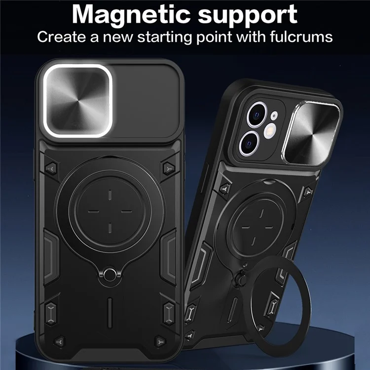 Pour iPhone 12 6.1 pouces Slide Camera Lid Phone Case Rotatable Kickstand PC + TPU Shockproof Cover - Noir