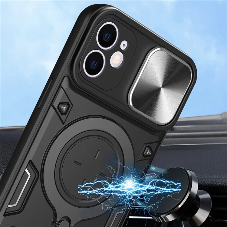 Pour iPhone 12 6.1 pouces Slide Camera Lid Phone Case Rotatable Kickstand PC + TPU Shockproof Cover - Noir