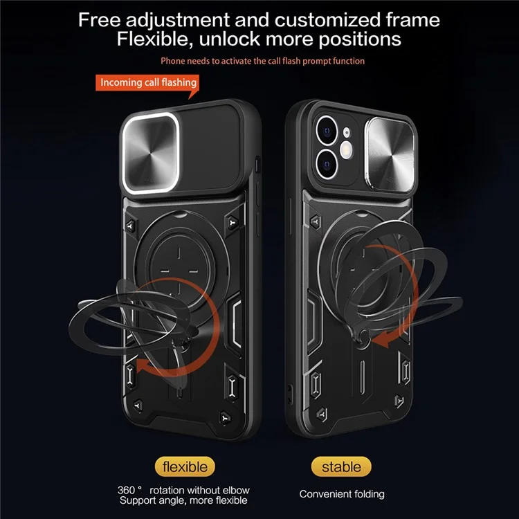 Pour iPhone 12 6.1 pouces Slide Camera Lid Phone Case Rotatable Kickstand PC + TPU Shockproof Cover - Noir