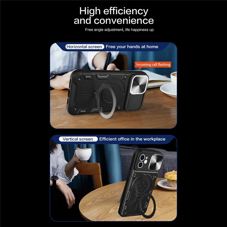 Pour iPhone 12 6.1 pouces Slide Camera Lid Phone Case Rotatable Kickstand PC + TPU Shockproof Cover - Noir