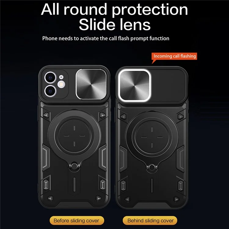 Pour iPhone 12 6.1 pouces Slide Camera Lid Phone Case Rotatable Kickstand PC + TPU Shockproof Cover - Noir