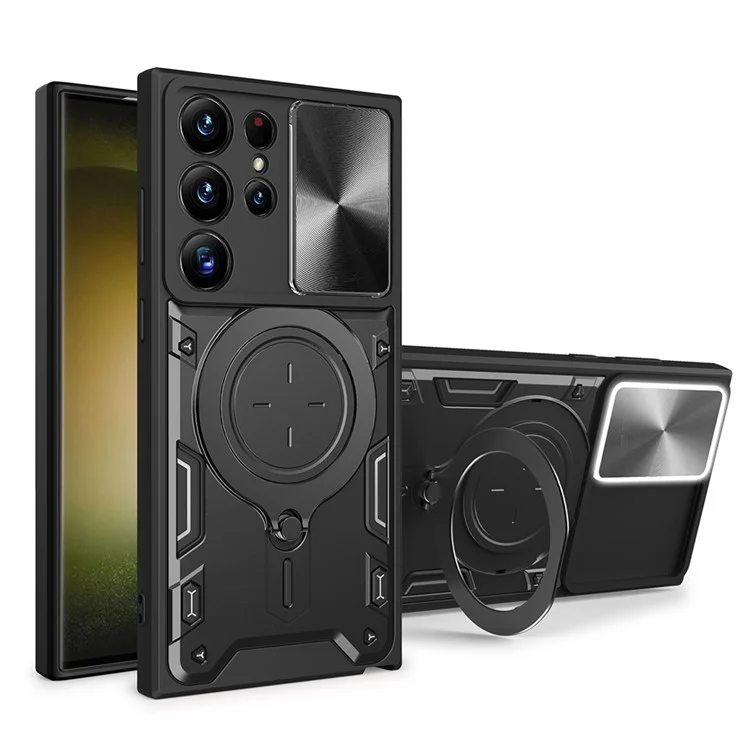 Для Samsung Galaxy S23 Ultra Slide Camera Lid PC + TPU Cover Anti-scratch Phone Case с вращающейся подставкой - Черный