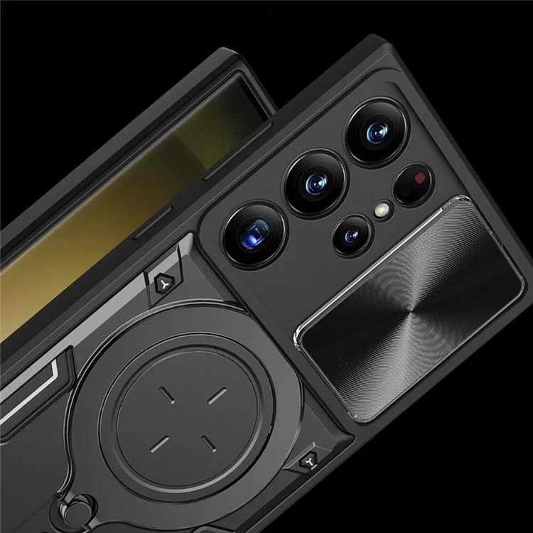 Для Samsung Galaxy S23 Ultra Slide Camera Lid PC + TPU Cover Anti-scratch Phone Case с вращающейся подставкой - Черный