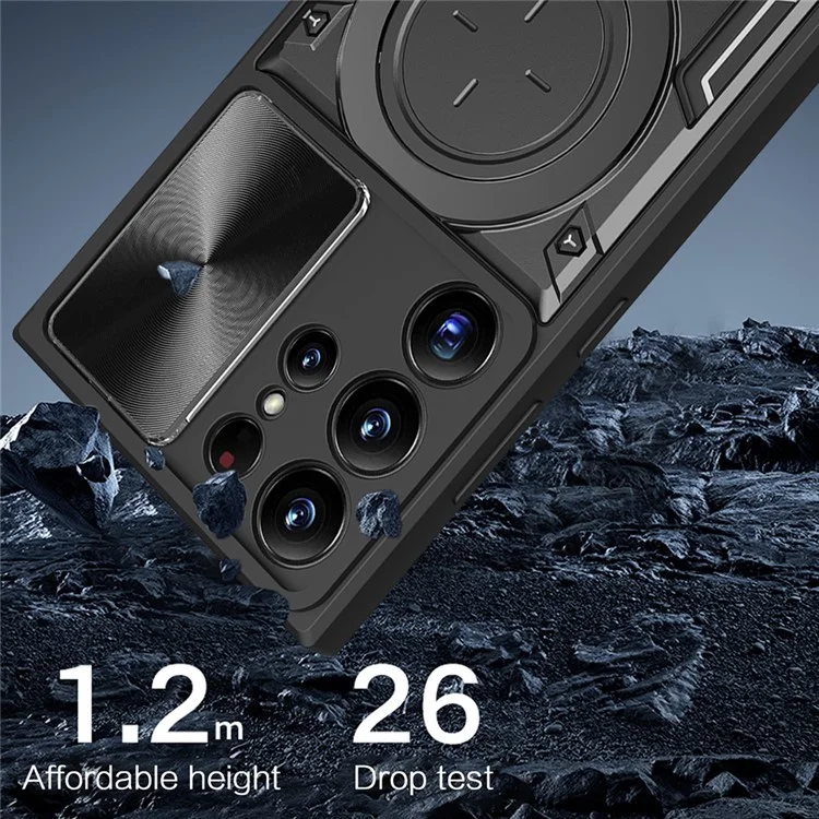 Для Samsung Galaxy S23 Ultra Slide Camera Lid PC + TPU Cover Anti-scratch Phone Case с вращающейся подставкой - Черный