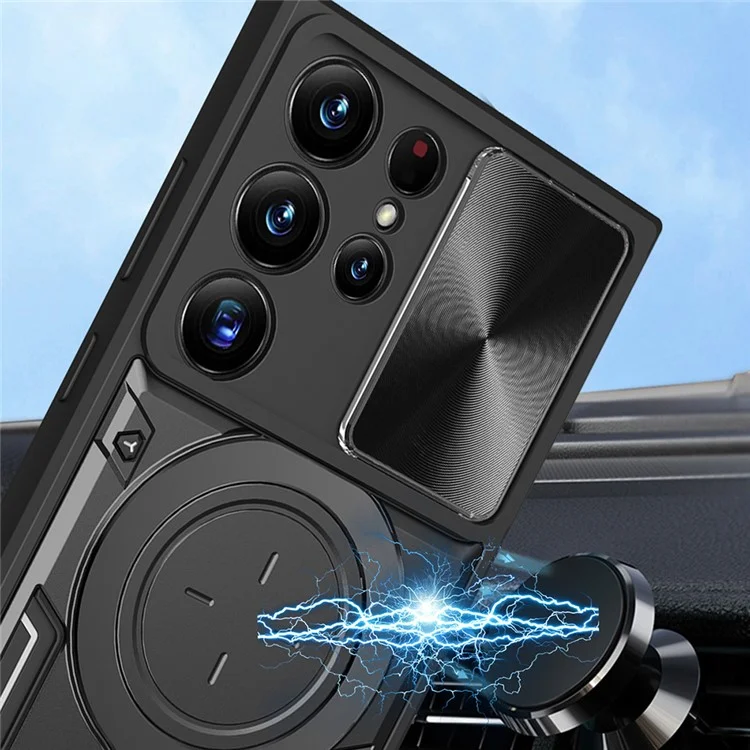 Для Samsung Galaxy S23 Ultra Slide Camera Lid PC + TPU Cover Anti-scratch Phone Case с вращающейся подставкой - Черный