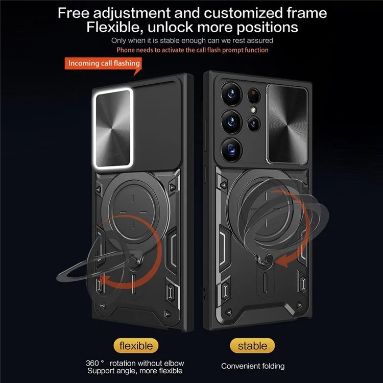 Для Samsung Galaxy S23 Ultra Slide Camera Lid PC + TPU Cover Anti-scratch Phone Case с вращающейся подставкой - Черный