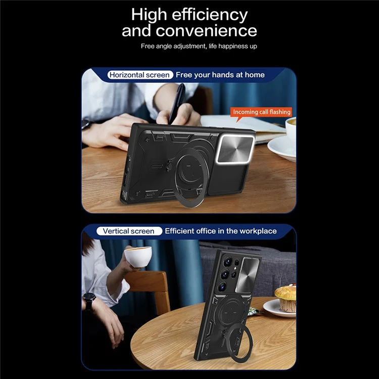 Для Samsung Galaxy S23 Ultra Slide Camera Lid PC + TPU Cover Anti-scratch Phone Case с вращающейся подставкой - Черный