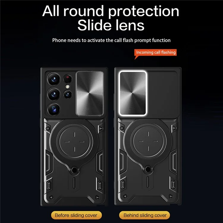 Для Samsung Galaxy S23 Ultra Slide Camera Lid PC + TPU Cover Anti-scratch Phone Case с вращающейся подставкой - Черный