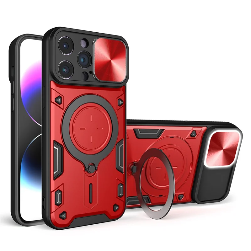For iPhone 14 Pro Max Slide Camera Lid Phone Case Free Rotating Kickstand PC + TPU Back Cover - Red