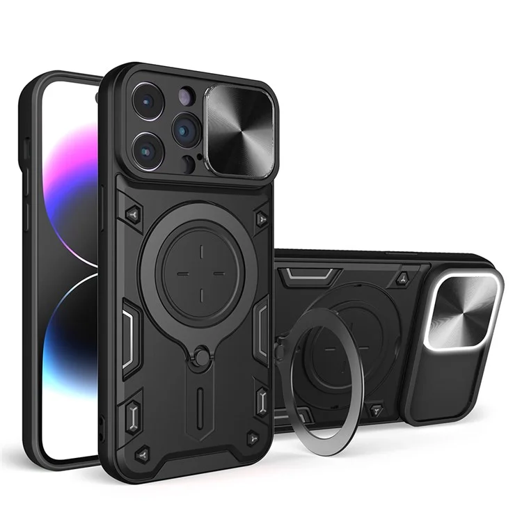 Per iPhone 14 Pro Anti-drop Cover Rotatable Kickstand PC + TPU Mobile Case con Slide Camera Lid - Nero