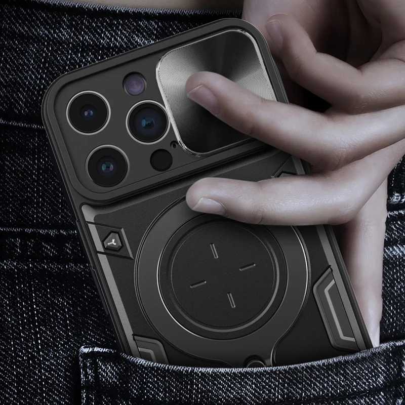 For iPhone 14 Pro Anti-drop Cover Rotatable Kickstand PC + TPU Mobile Case with Slide Camera Lid - Red