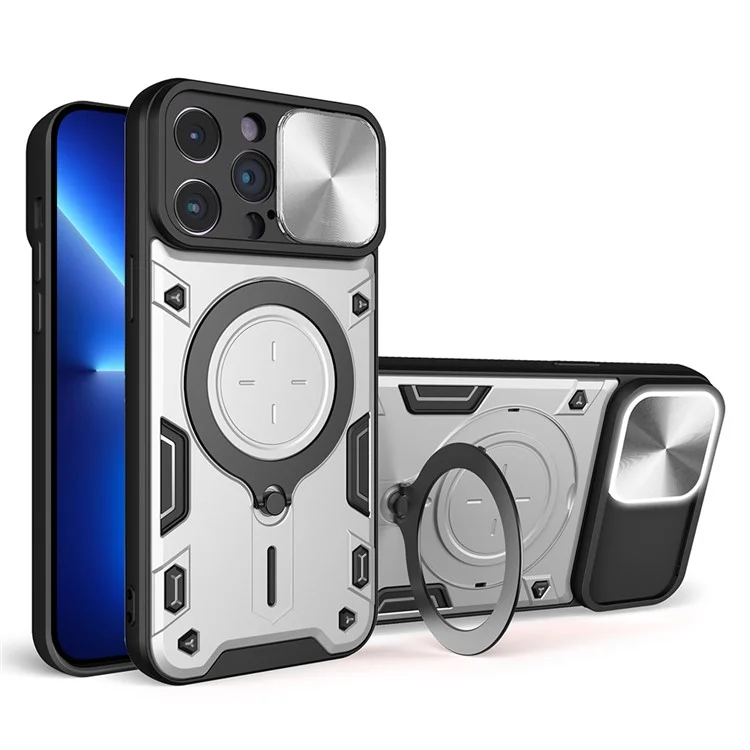 Pour iPhone 13 Pro 6.1 pouces Slide Caméra Couvercle Étui de téléphone mobile Rotation libre Support Kickstand PC + Couverture TPU - Argent