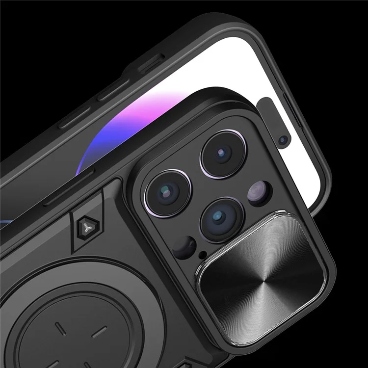 Pour iPhone 13 Pro 6.1 pouces Slide Caméra Couvercle Étui de téléphone mobile Rotation libre Support Kickstand PC + Couverture TPU - Argent