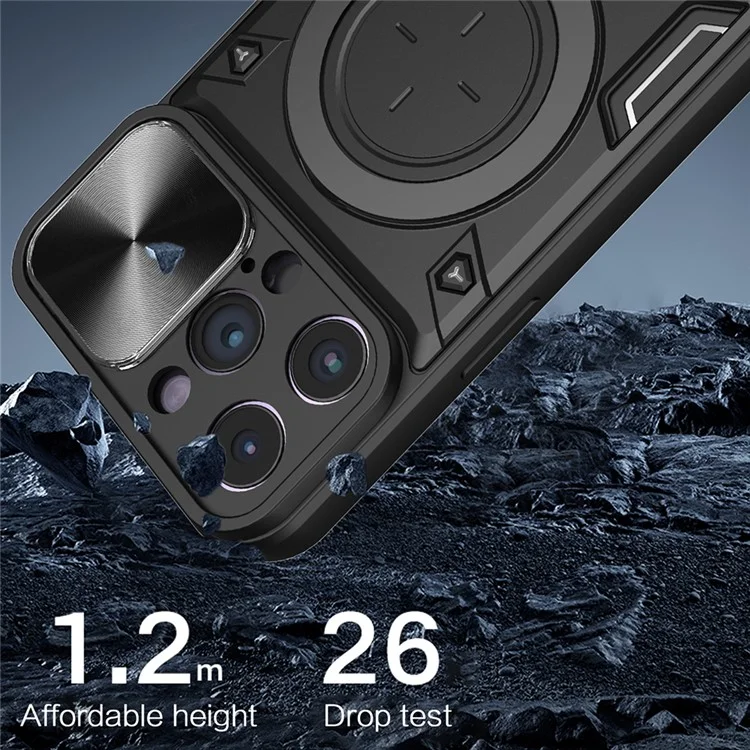 Pour iPhone 13 Pro 6.1 pouces Slide Caméra Couvercle Étui de téléphone mobile Rotation libre Support Kickstand PC + Couverture TPU - Argent