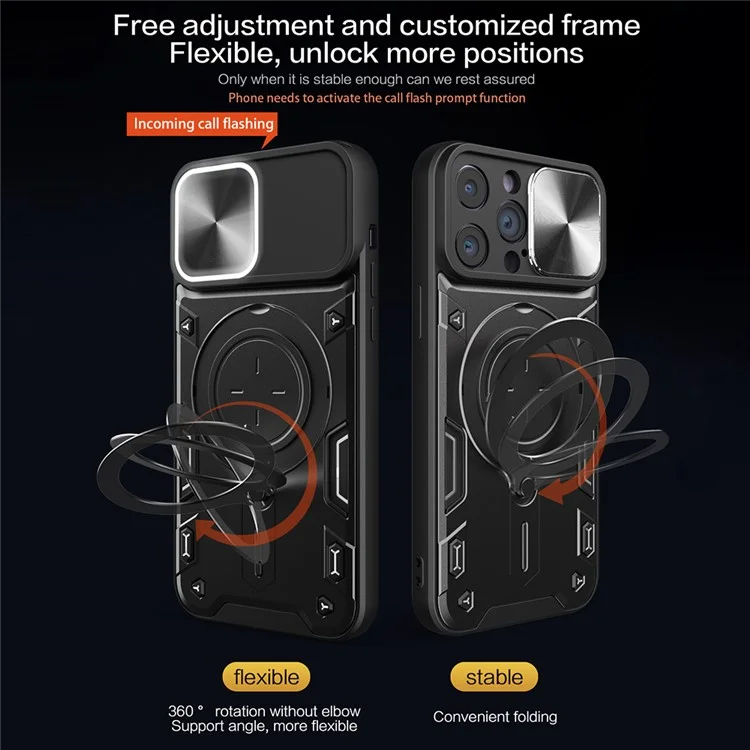 Pour iPhone 13 Pro 6.1 pouces Slide Caméra Couvercle Étui de téléphone mobile Rotation libre Support Kickstand PC + Couverture TPU - Argent