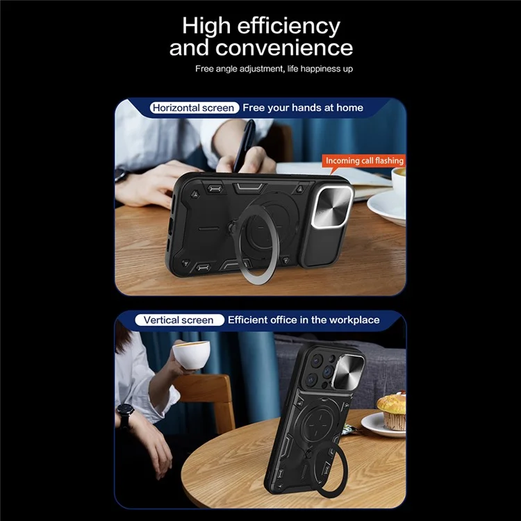 Pour iPhone 13 Pro 6.1 pouces Slide Caméra Couvercle Étui de téléphone mobile Rotation libre Support Kickstand PC + Couverture TPU - Argent