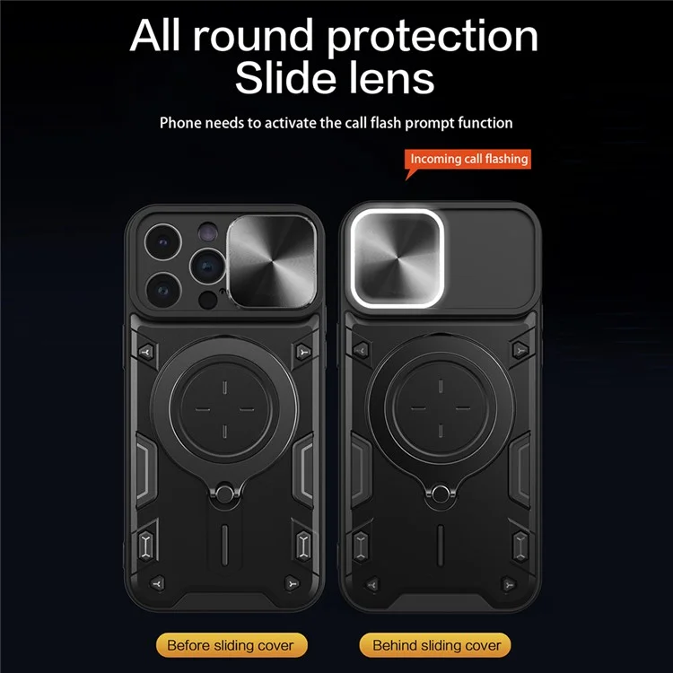 Pour iPhone 13 Pro 6.1 pouces Slide Caméra Couvercle Étui de téléphone mobile Rotation libre Support Kickstand PC + Couverture TPU - Argent