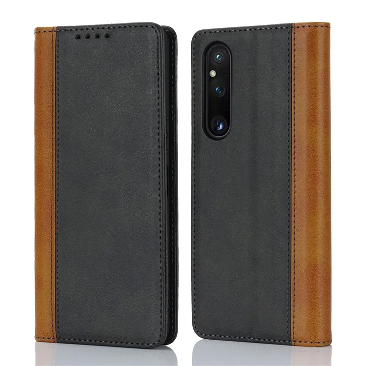 For Sony Xperia 1 V PU Leather Wallet Case Flip Stand Bi-color Splicing Phone Cover -  Black+Yellow