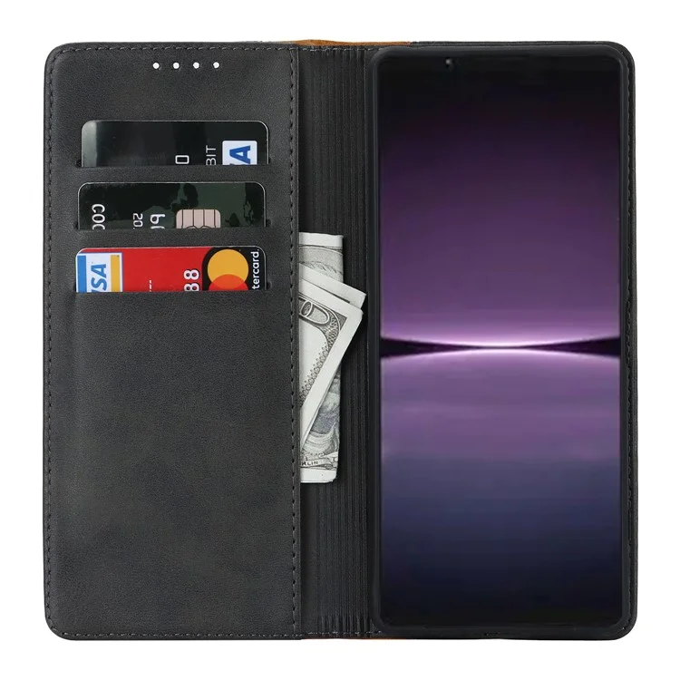 For Sony Xperia 1 V PU Leather Wallet Case Flip Stand Bi-color Splicing Phone Cover -  Black+Yellow