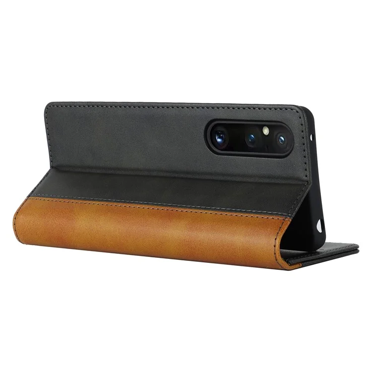 For Sony Xperia 1 V PU Leather Wallet Case Flip Stand Bi-color Splicing Phone Cover -  Black+Yellow