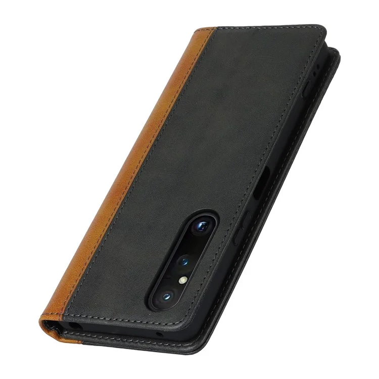 For Sony Xperia 1 V PU Leather Wallet Case Flip Stand Bi-color Splicing Phone Cover -  Black+Yellow