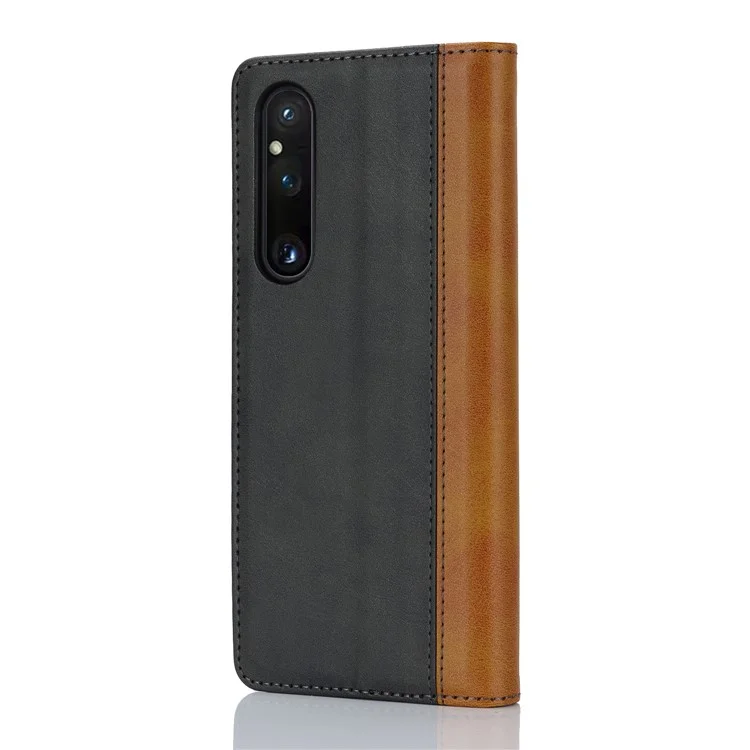 For Sony Xperia 1 V PU Leather Wallet Case Flip Stand Bi-color Splicing Phone Cover -  Black+Yellow