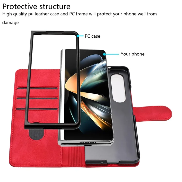 YX003 For Samsung Galaxy Z Fold4 5G PU Leather Wallet Folding Phone Case Imprinted Shockproof Cover - Red