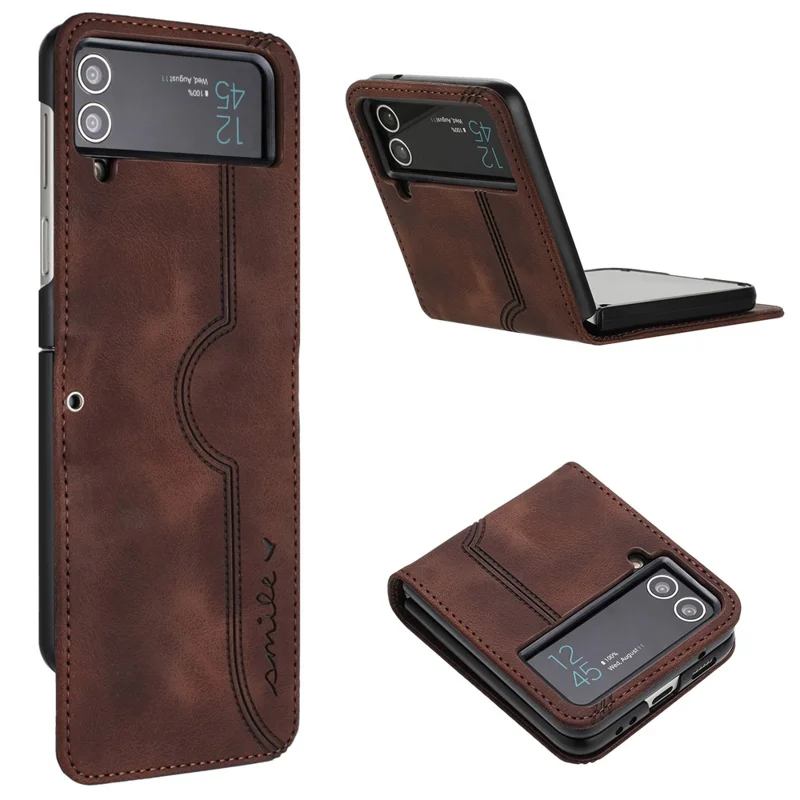 YX0030 Leather Cover for Samsung Galaxy Z Flip4 5G , Imprinted Pattern Slim Fit Protective Phone Case - Coffee