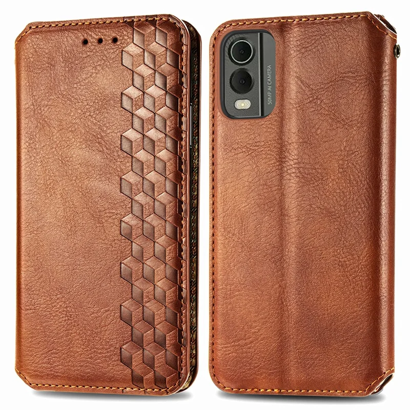 For Nokia C32 PU Leather Case Rhombus Imprint Wallet Stand Phone Cover - Brown