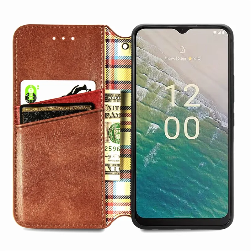 For Nokia C32 PU Leather Case Rhombus Imprint Wallet Stand Phone Cover - Brown
