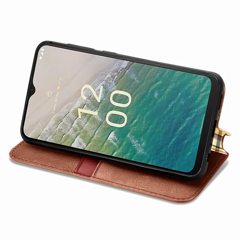 For Nokia C32 PU Leather Case Rhombus Imprint Wallet Stand Phone Cover - Brown
