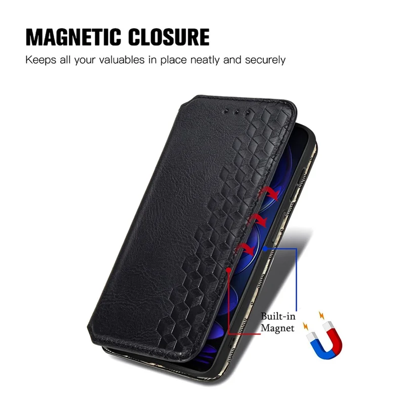 For Xiaomi Redmi Note 12 Pro 5G / Note 12 Pro Speed 5G / Poco X5 Pro 5G Cell Phone Cover Rhombus Imprint Leather Wallet Stand Case -Black