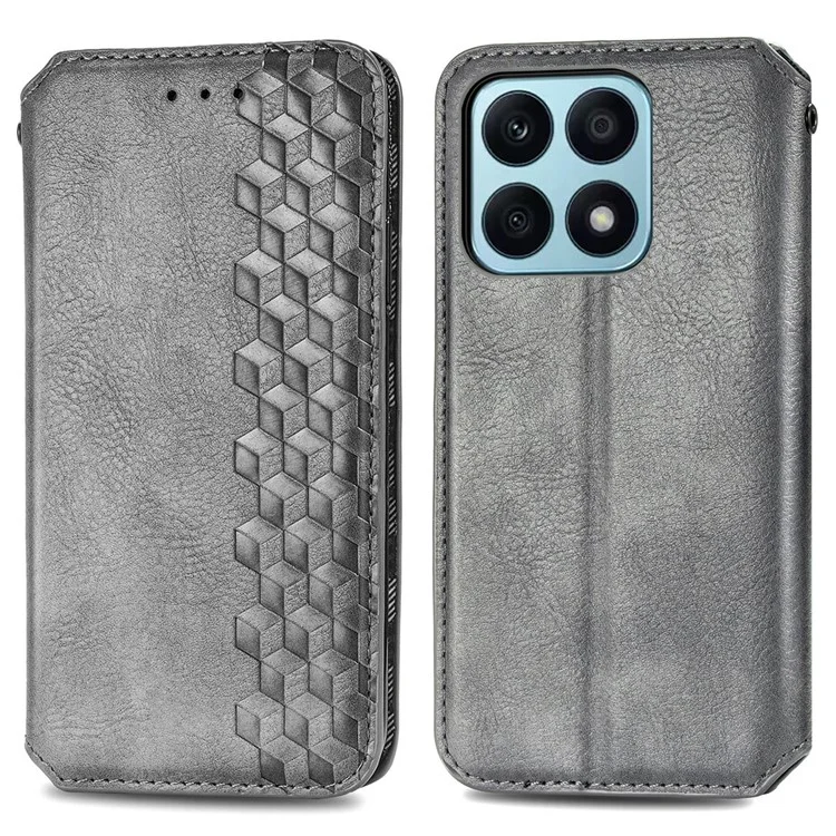 Funda de billetera de cuero con relieve romboide a prueba de golpes y con soporte giratorio para teléfono For Honor X8a 4G - Gris