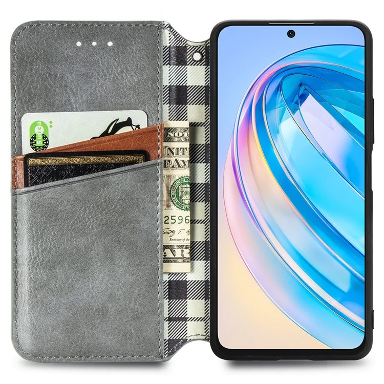 Funda de billetera de cuero con relieve romboide a prueba de golpes y con soporte giratorio para teléfono For Honor X8a 4G - Gris