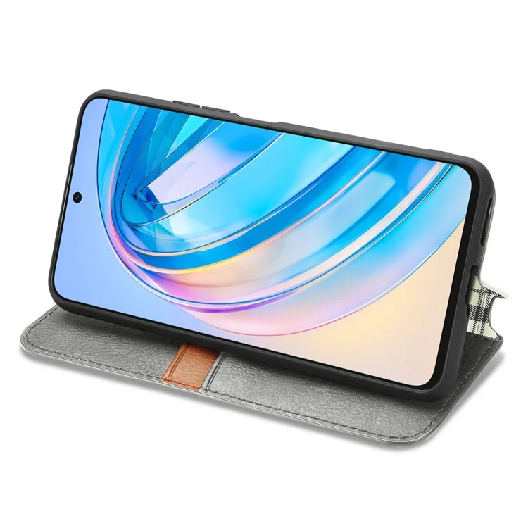 Funda de billetera de cuero con relieve romboide a prueba de golpes y con soporte giratorio para teléfono For Honor X8a 4G - Gris