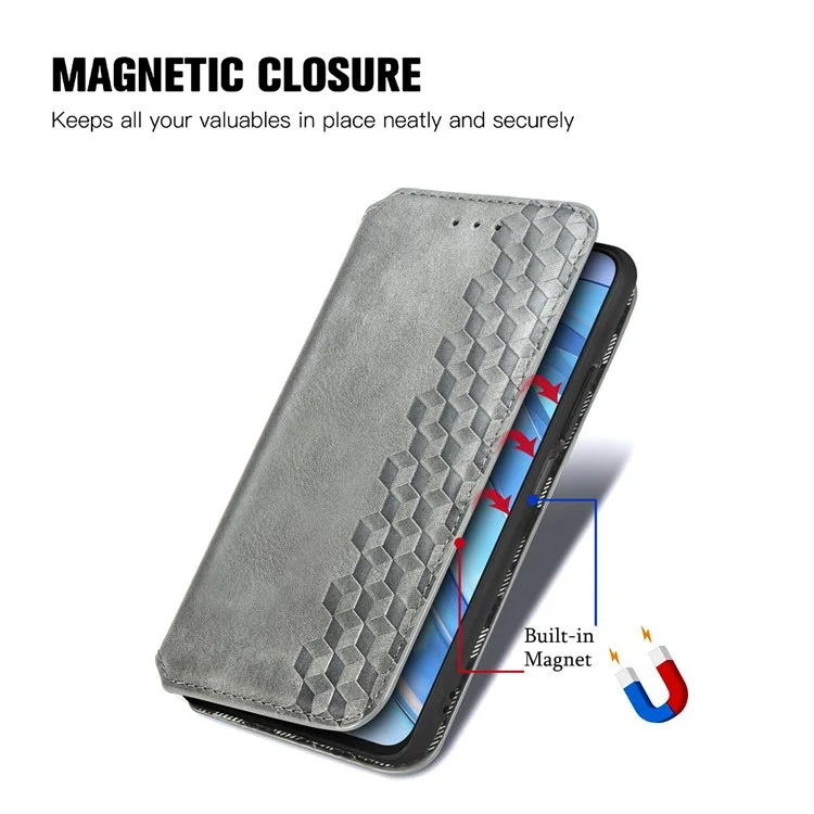 Funda de billetera de cuero con relieve romboide a prueba de golpes y con soporte giratorio para teléfono For Honor X8a 4G - Gris