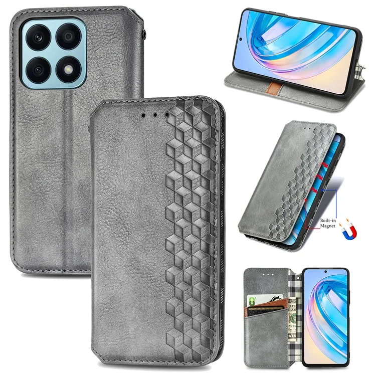 Funda de billetera de cuero con relieve romboide a prueba de golpes y con soporte giratorio para teléfono For Honor X8a 4G - Gris