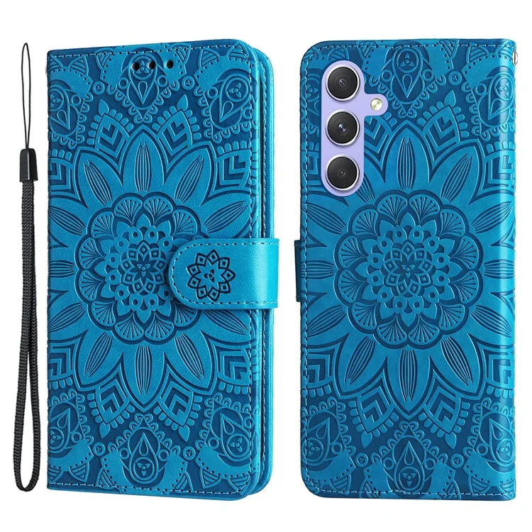 Для Samsung Galaxy M54 5G / F54 5G ПУ-кожаный флип-чехол для телефона с принтом подсолнуха, подставка, бумажник - синий