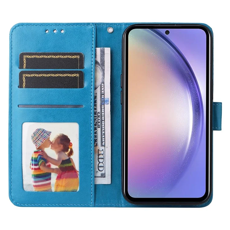 Для Samsung Galaxy M54 5G / F54 5G ПУ-кожаный флип-чехол для телефона с принтом подсолнуха, подставка, бумажник - синий