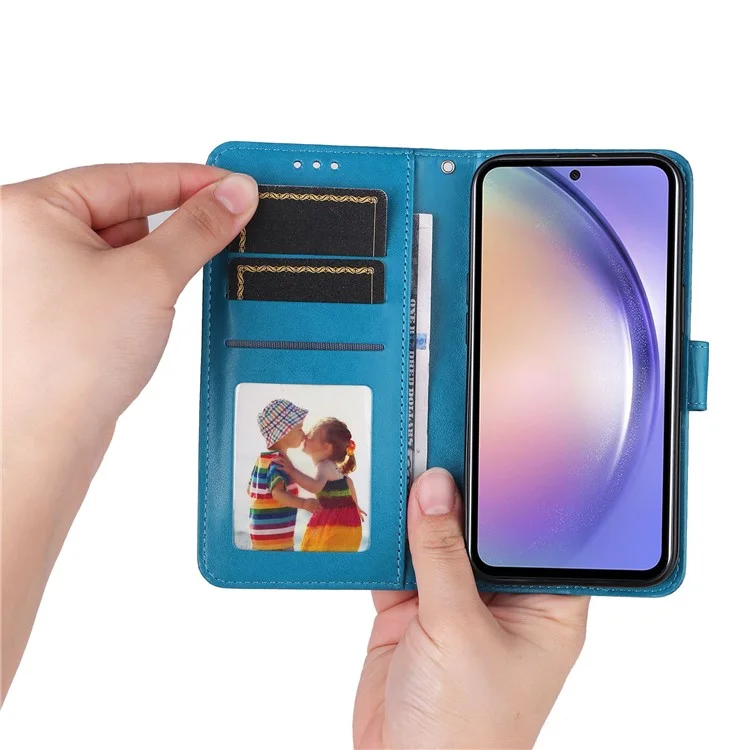 Для Samsung Galaxy M54 5G / F54 5G ПУ-кожаный флип-чехол для телефона с принтом подсолнуха, подставка, бумажник - синий