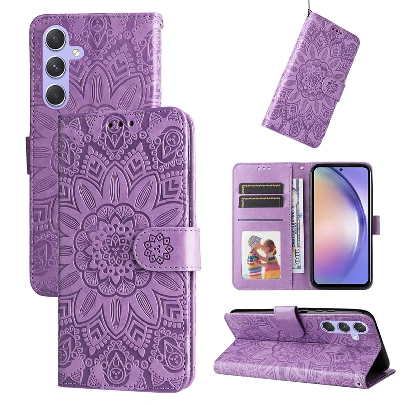 Pour Samsung Galaxy M54 5G / F54 5G Étui de téléphone portable en cuir PU à rabat avec motif tournesol, support et porte-monnaie - Violet