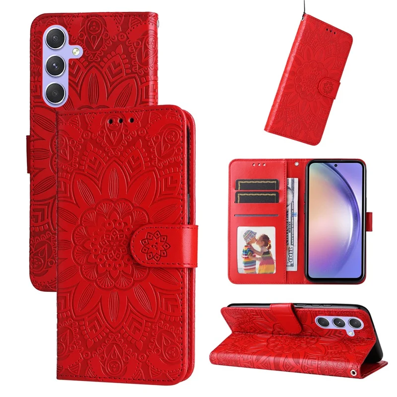 Per Samsung Galaxy M54 5G / F54 5G Custodia Flip in Pelle PU con Motivo a Girasole, Supporto Portatile e Portafoglio - Rosso