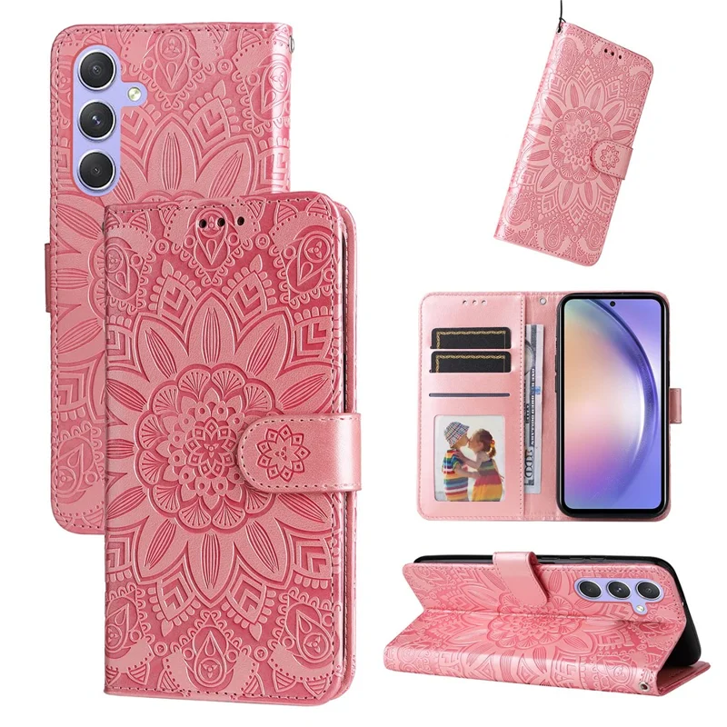 For Samsung Galaxy M54 5G / F54 5G PU Leather Flip Phone Case Sunflower Imprinted Stand Wallet Cover - Pink