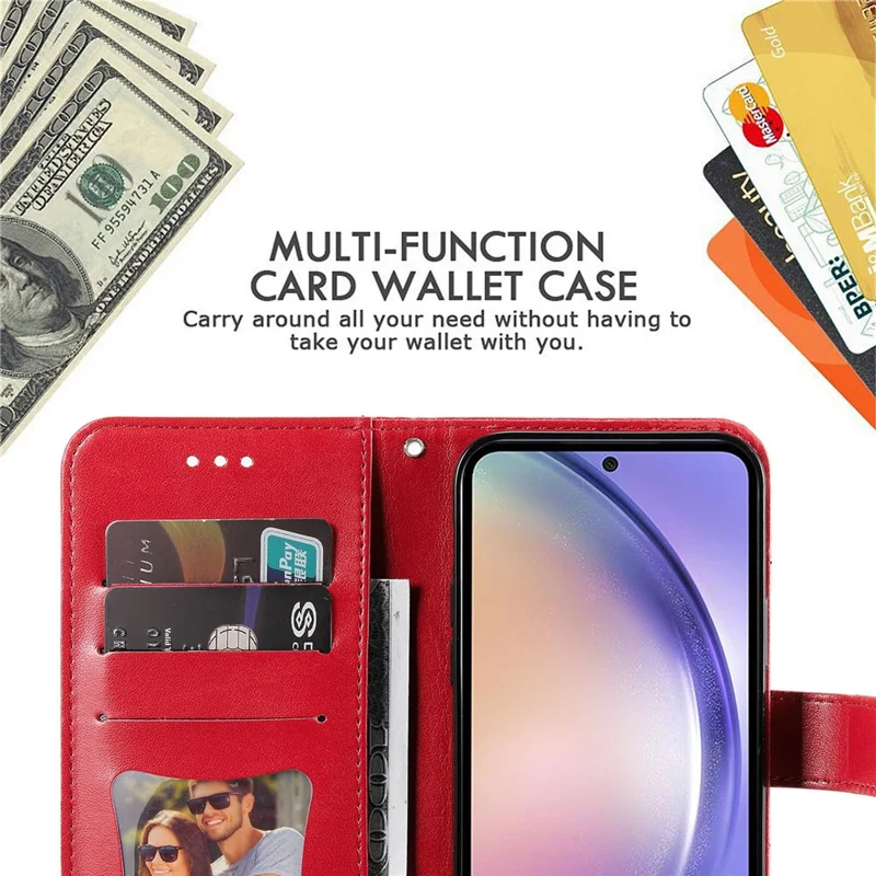 For Samsung Galaxy M54 5G / F54 5G Case Floral Pattern PU Leather Wallet Stand Phone Cover - Red