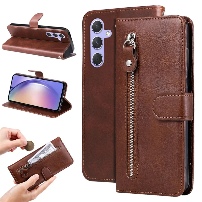 For Samsung Galaxy M54 5G / F54 5G PU Leather Zipper Pocket Phone Case Calf Texture Wallet Stand Cover - Brown