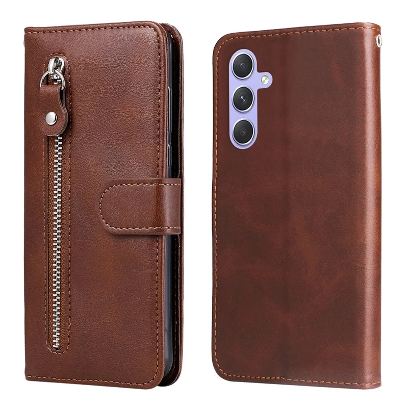 For Samsung Galaxy M54 5G / F54 5G PU Leather Zipper Pocket Phone Case Calf Texture Wallet Stand Cover - Brown