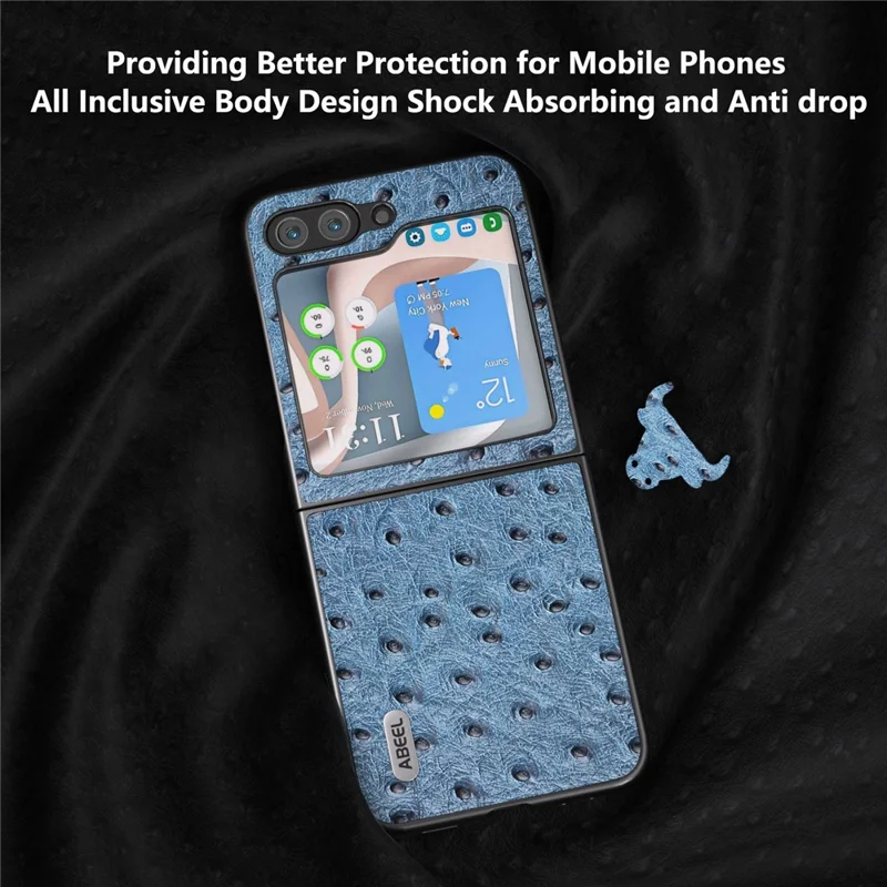 ABEEL For Samsung Galaxy Z Flip5 5G Ostrich Texture Folding Phone Case Genuine Cow Leather Hard PC Shell - Blue