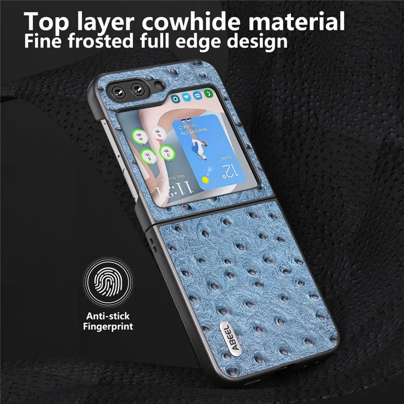 ABEEL For Samsung Galaxy Z Flip5 5G Ostrich Texture Folding Phone Case Genuine Cow Leather Hard PC Shell - Blue