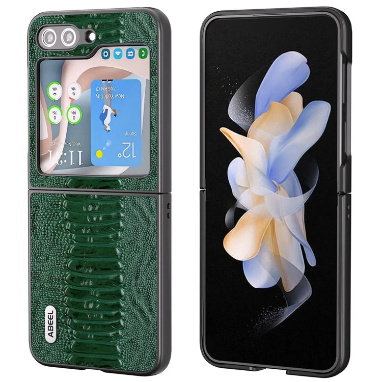 ABEEL Pour Samsung Galaxy Z Flip5 5G Coque en Cuir de Vache Véritable à Texture de Crocodile + Couvercle de Téléphone Pliable en PC - Vert