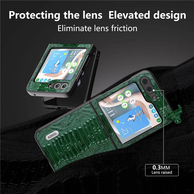 ABEEL Pour Samsung Galaxy Z Flip5 5G Coque en Cuir de Vache Véritable à Texture de Crocodile + Couvercle de Téléphone Pliable en PC - Vert